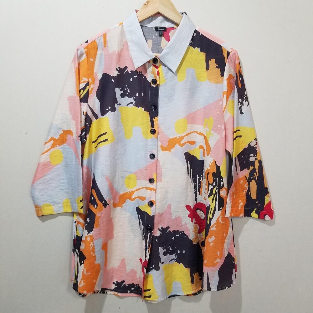 Shana Shirt Womens Large Multicolor Art To Wear Tunic Zip Back Button Front